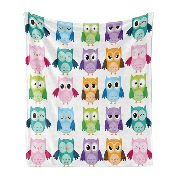 Cartoon Soft Flannel Fleece Throw Blanket, Colorful Pattern Friendly Owl Birds with Different Face Expressions Comic, Cozy Plush for Indoor and Outdoor Use, 50" x 60", Multicolor, by Ambesonne