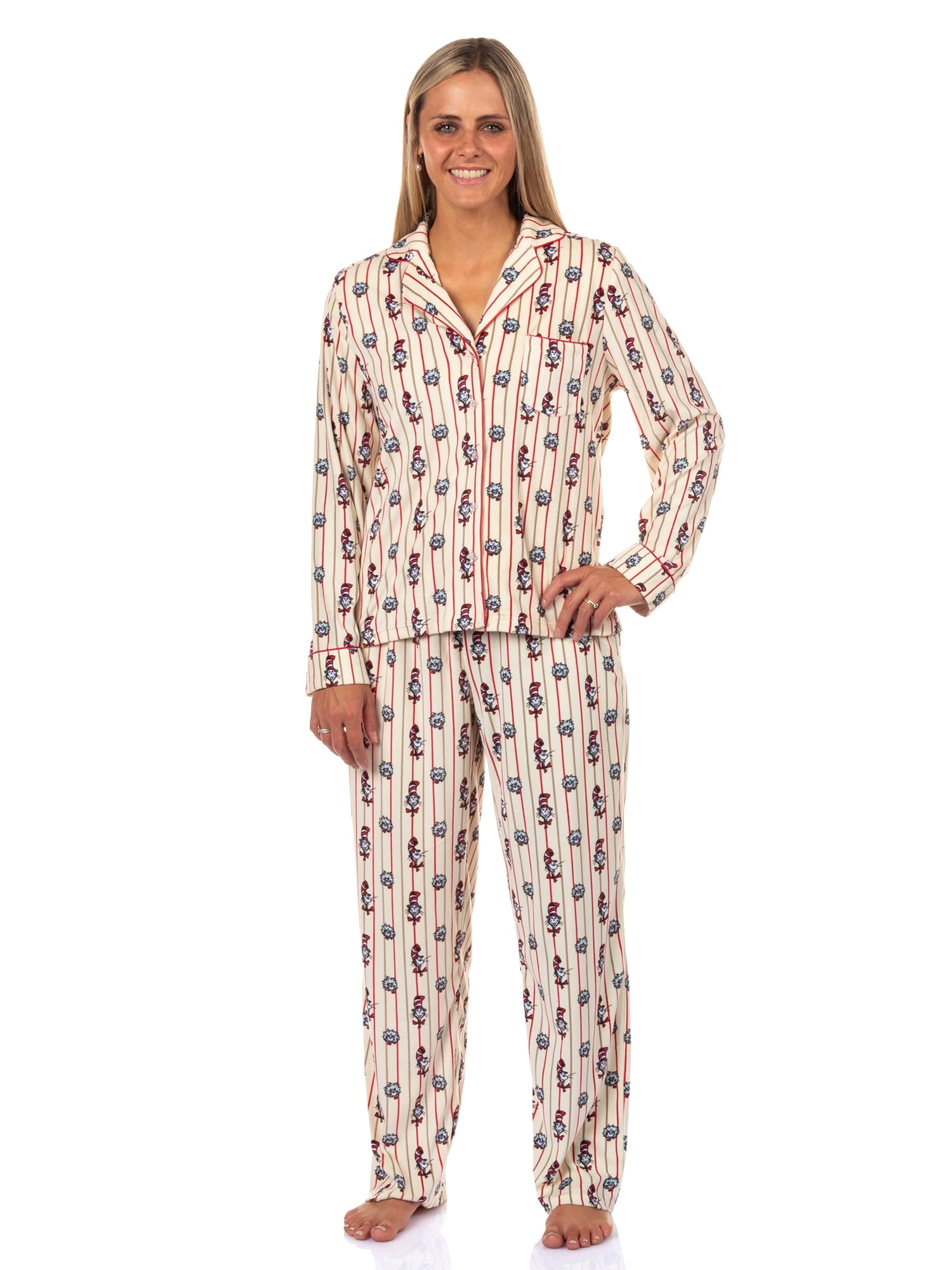 Dr. Seuss Cat in the Hat Matching Family Notch Collar Velour Pajama Sets, 2-Piece, Women's