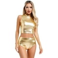 thumbnail image 2 of dPois Womens Metallic Sleeveless Mock Neck Crop Tank Tops with Shiny Booty Shorts for Dance Music Gold S, 2 of 7