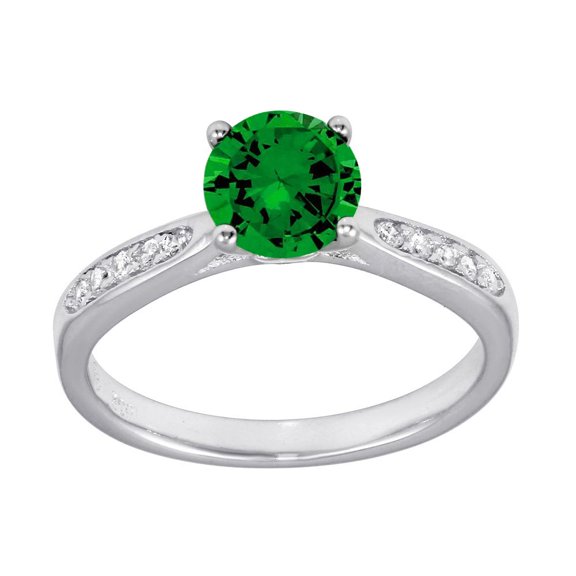 Round Simulated Emerald Cubic Zirconia Solitaire Ring Sterling Silver Size 9