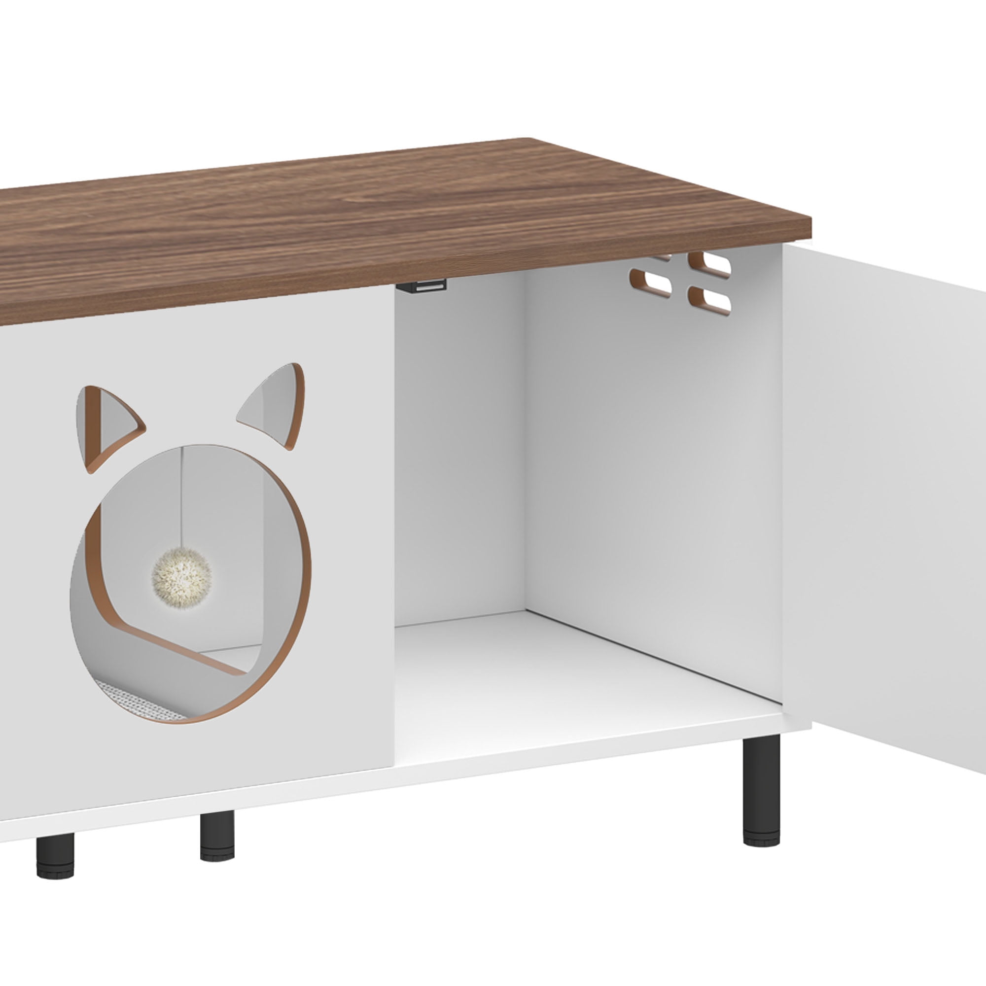 ModFusion 59" Modern Cat Litter Box Enclosure TV Stand – Multi-Functional Cat Furniture with Hidden Litter Box, Storage Hooks & Pet Bed, White & Walnut