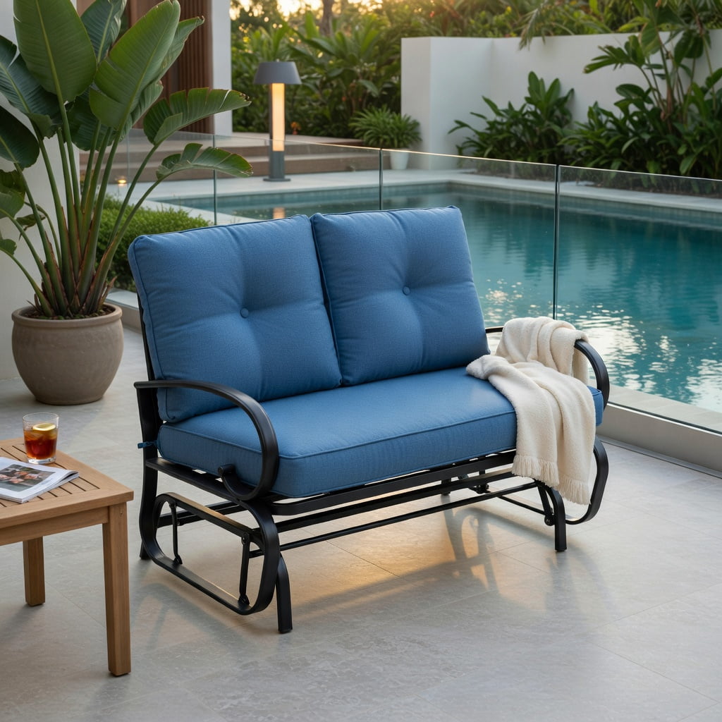 Hommoo Outdoor Rocking Loveseat Bench with Cushions, Steel Frame Patio Bench for Backyard, Deck & Poolside, Cushioned 2-Person Rocker, Navy