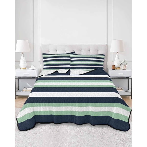Quilts Full Size, Green Navy Blue Striped Soft Comforter Bedding Set for Bed, Chic Abstract Lines Geometric Lightweight Quilted Bedspread with Pillow Cover(2 Pieces) for All Season, 78x90 Inch