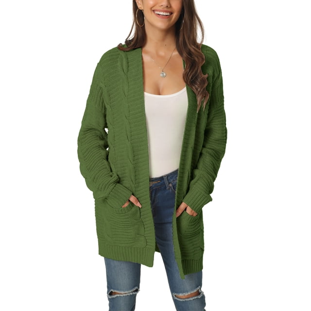 Unique Bargains Cardigan en Tricot Torsadé à Manches Longues pour Femmes Automne Hiver avec Poches Vert Armée m