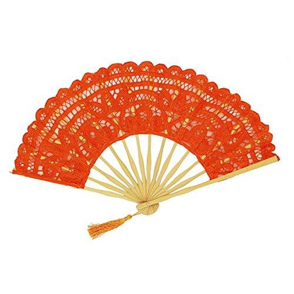 Fennco Styles Handmade Crochet Cotton Lace with Tassels Wedding Bridal Decoration Hand Folding Fan