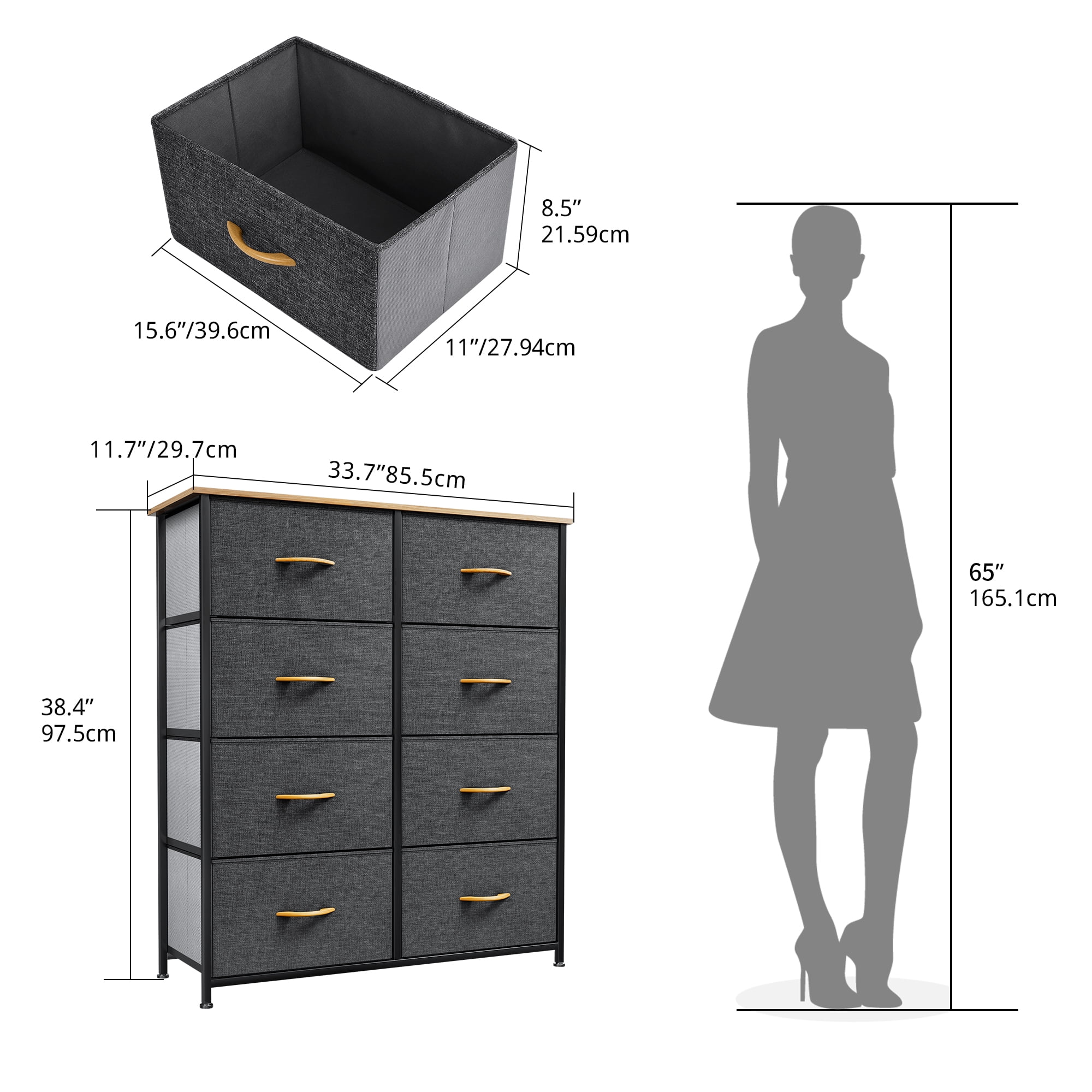 Dextrus 8-Drawer Dresser Chest with Storage Shelf Organizer, Gray