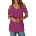 thumbnail image 2 of Otntypg Off the Shoulder Tops for Women Dressy Solid Color Summer Short Sleeve Sexy V Neck Tunic Blouse Loose Flowy Cozy Pullover T-Shirts Hot Pink S, 2 of 8