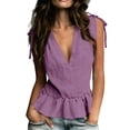 thumbnail image 2 of HongQid Women's Tie-Shoulder Ruffle Peplum Blouse Summer Sleeveless V Neck Linen Blend Tank Tops, 2 of 6
