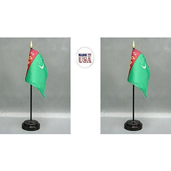 Made in The USA. 2 Turkmenistan 4"x6" Miniature Office Desk & Little Hand Waving Table Flags, Includes 2 Flag Stands & 2 Small Mini Turkmen Stick Flags