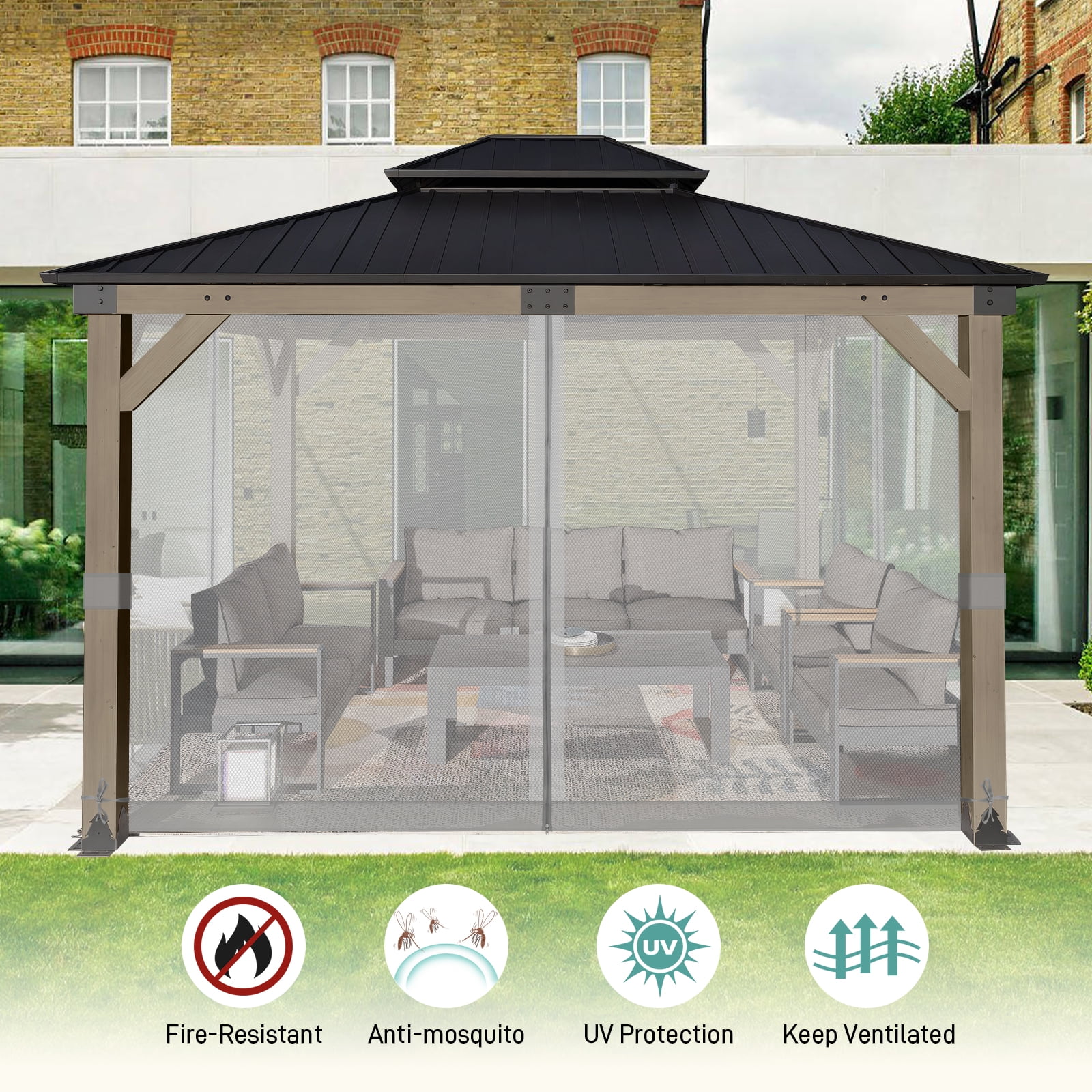 Aoodor Universal 10 x 12 ft. Gazebo Replacement Mosquito Netting Screen 4-Panel Sidewalls with Double Zipper for Patio Backyard Deck and Lawns (Only Netting)