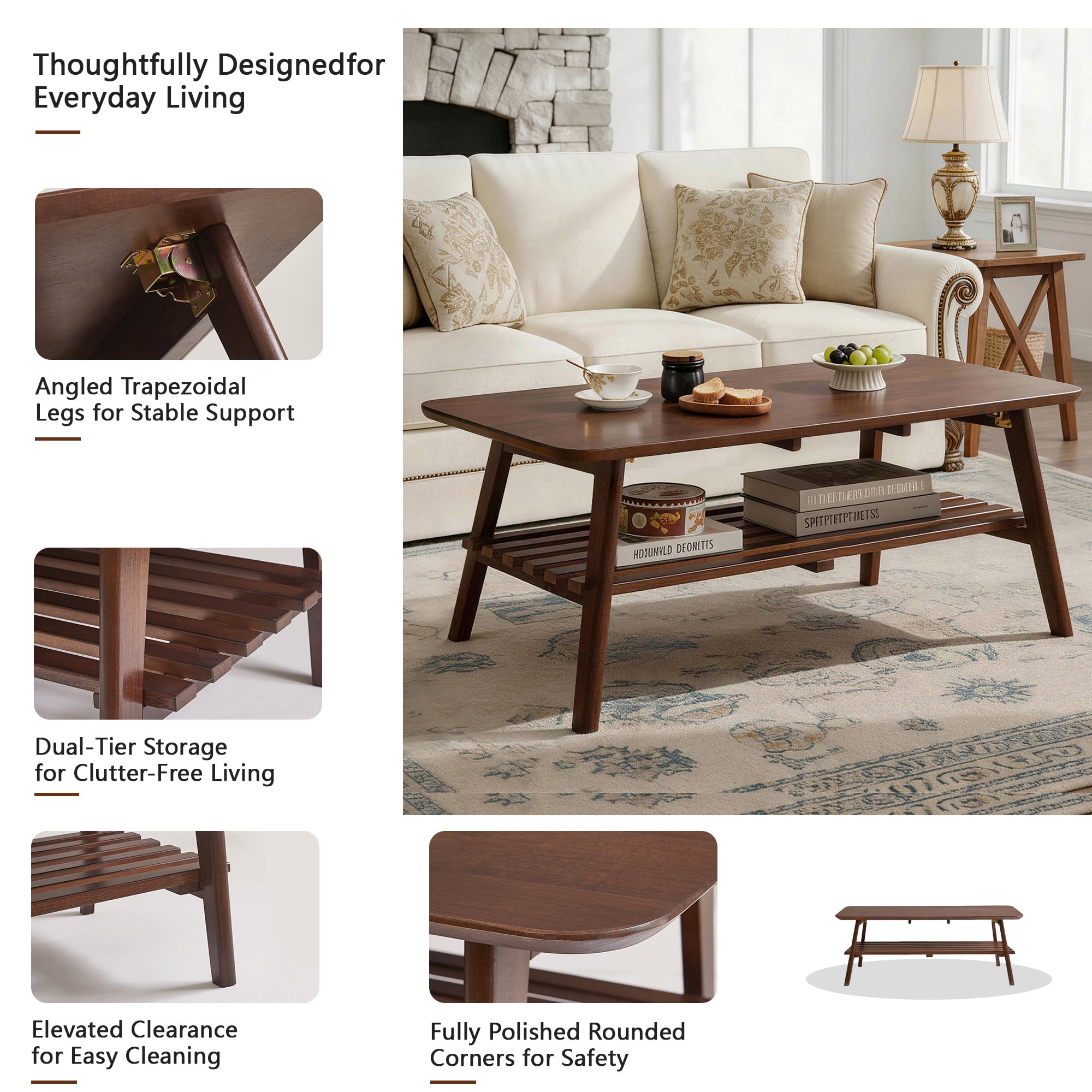 47.2x23.6-Inch Wooden Coffee Table with Storage Shelf, Mid-Century Rectangular Center Table and Side Table for Living Room, Walnut Brown