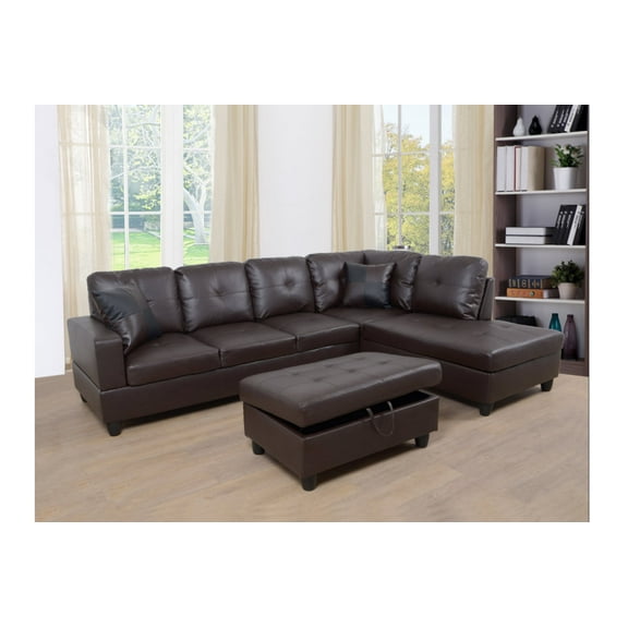 Pon Living Furniture 103.5" Wide Brown Faux Leather Sectional with Ottoman - Right Hand Facing