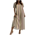 thumbnail image 2 of Pounoo Maxi Dresses for Women V Neck Short Sleeve Dresses Minimalist Style Lightweight Breathable Striped Print Side Slit Loose Fit Dresses Gift, 2 of 7