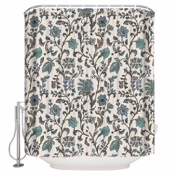 Extra Long Shower Curtain 72x84 Inch, Teal Green Leaf Shower Curtain Waterproof Bathroom Decor Vintage Farmhouse Boho Pastoral Tribal Fabric Bath Curtain Set Accessories with Hooks