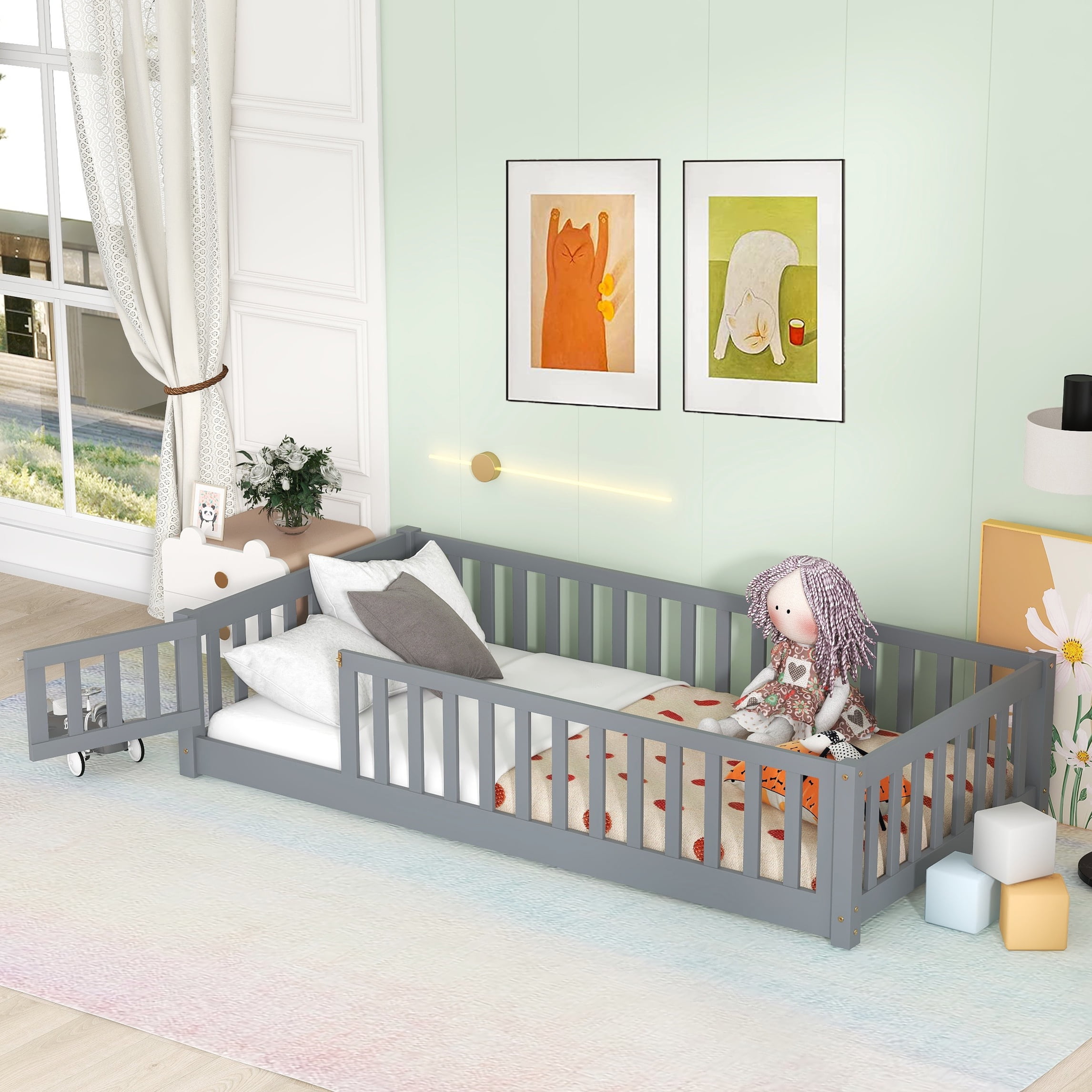 Bellemave Twin Size Low Floor Bed for Kids, with Fence & Slats