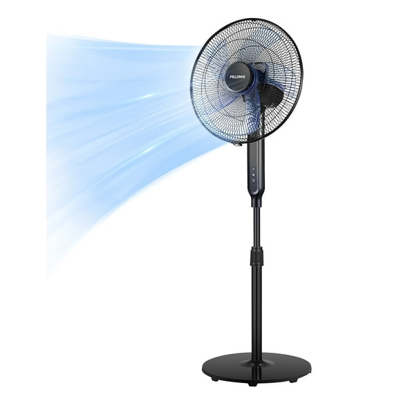 PELONIS Ventilador de pie con pedestal oscilante de 16" | Altura ajustable | Motor CC ultra silencioso | Control remoto | 12 velocidades | Temporizador de 12 horas | Alta eficiencia energética
