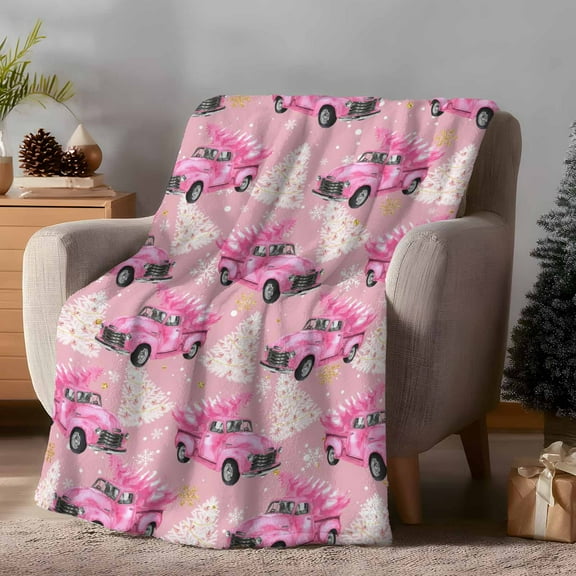 Throw Blanket Fleece Throw Blanket 50x60in, Watercolor Christmas Tree Soft Lightweight Bed Blankets Pink Car Winter Snowflake Fuzzy Couch Blankets for All Season