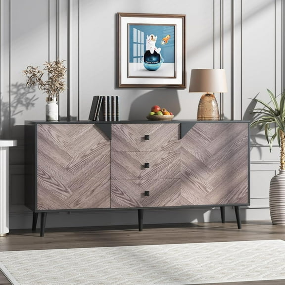 Black 55 Point 1 Inch 3 Drawer Storage Cabinet with Adjustable Shelf and Doors Modern Sideboard Buffet Cabinet for Dining Room Walnut Grain grey Grain
