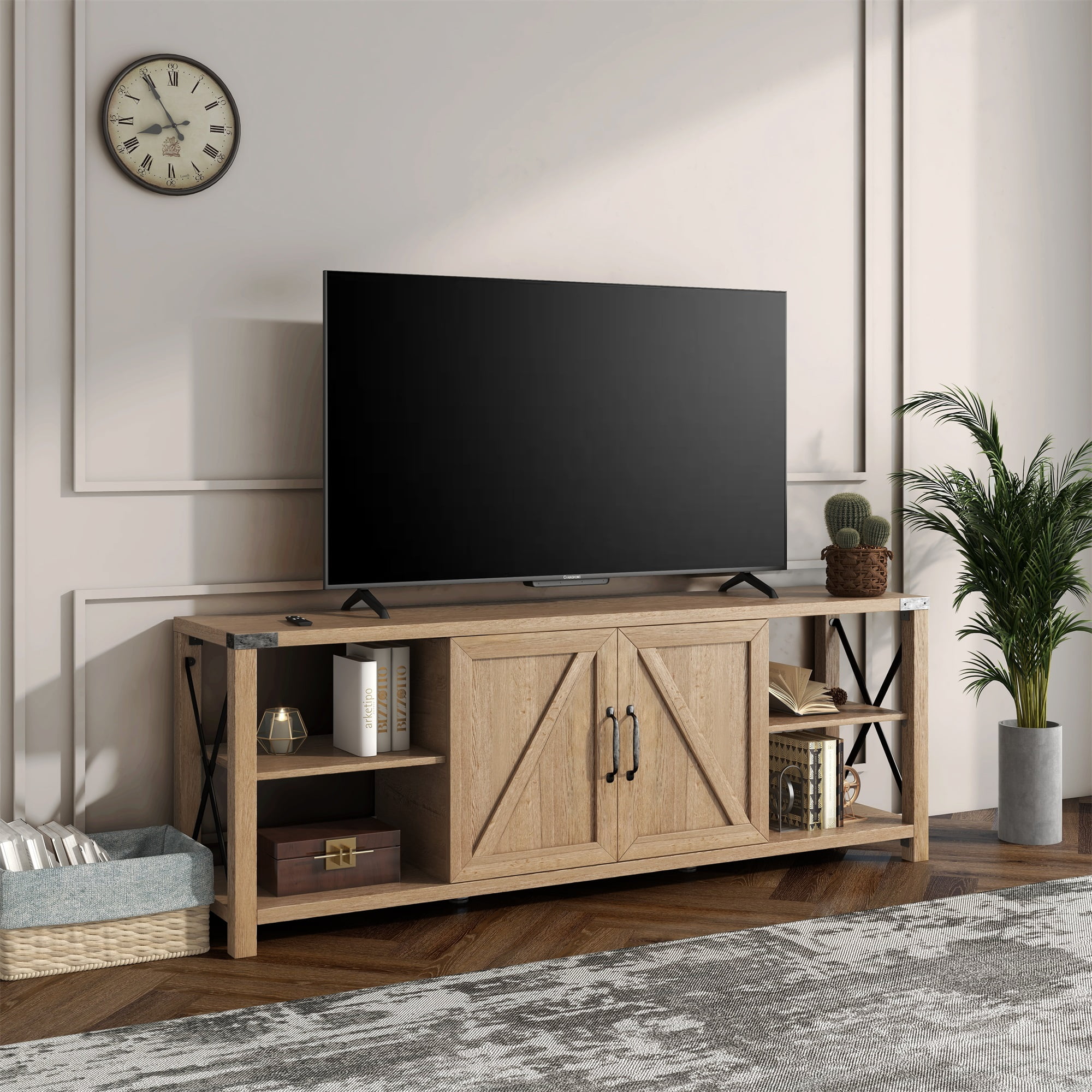 Kadyn TV Stand, Modern Entertainment Center for TVs up to 76", TV Console with Storage Cabinets and Shelves, Light Oak