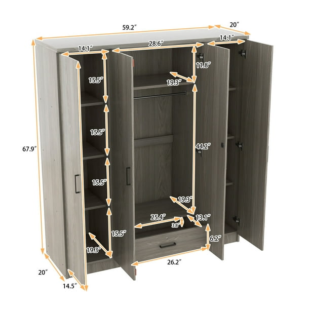 MDF Wardrobe Closet with 3 Top Cabinet and Storage Drawer, 4