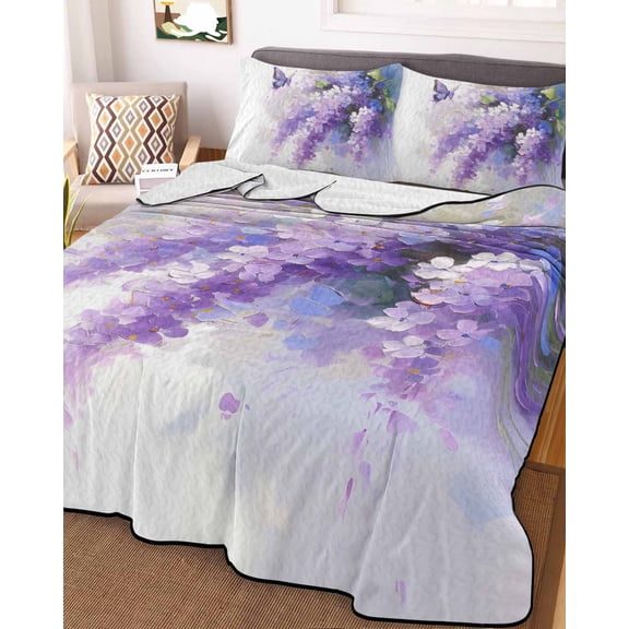 Lavender King Size Down Alternative Comforter,Lightweight Comforter Quilt Bedding Set with Pillow Shams Watercolor Purple White Floral Botanical Butterfly Bed Comforter Duvet Insert 96"x106"