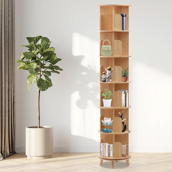 Miumaeov Rotating Bookshelf 360 Display, 6 Tier Floor Standing Bookcase Storage Rack Multi-Functional Solid Wood Bookshelf Organizer