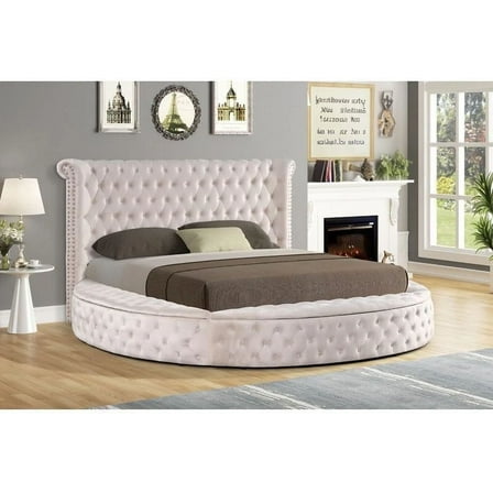 Modern Glam Queen Size Round Storage Bed, Velvet Tufted Platform Circle Bed, Luxure Bedroom Furniture, Gray