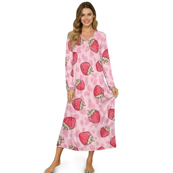SEANATIVE Long Sleeve House Dress for Women Nightgown Soft Sleepwear Indoor Bedroom Dresses Winter Fall Sleepwear Stylish Nightdress for Bedtime Wear, S, Strawberry Cow Print Pink