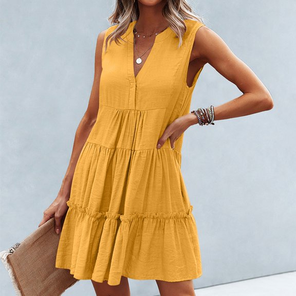 Noric Women's Cotton Sleeveless V Neck Tiered Mini Dresses Casual Solid Color Ruffle Hem Summer Dresses
