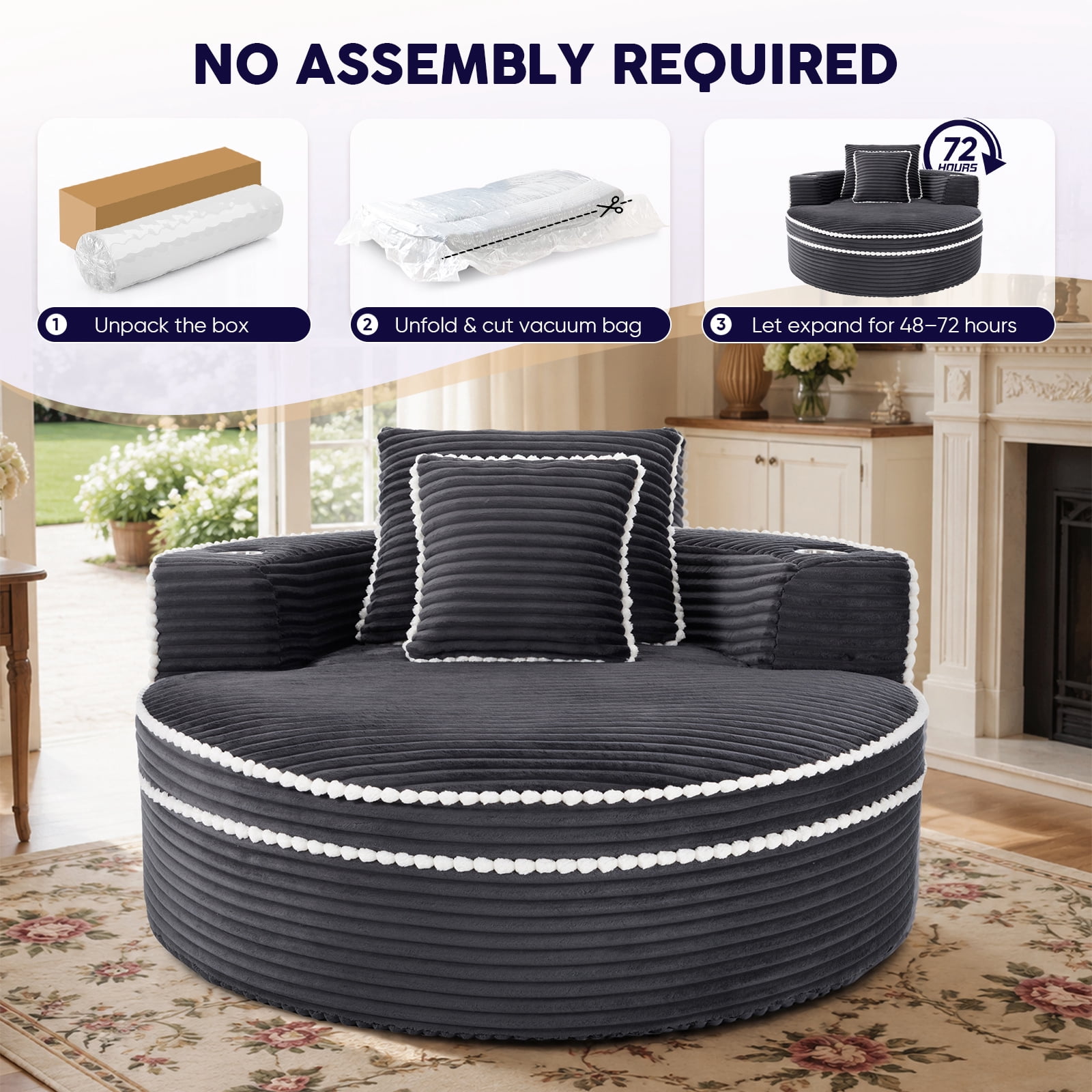 Lunale 54" Oversized Chaise Lounge Chair Indoor, Round Boneless Cloud Couch, No Assembly Required, Accent Reading Chair for Living Room, Gray Corduroy