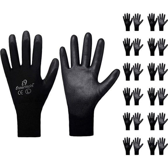 i9 Essentials 12-Pair PU Coated Work Gloves, Lightweight Safety Gloves for Men & Women, Large