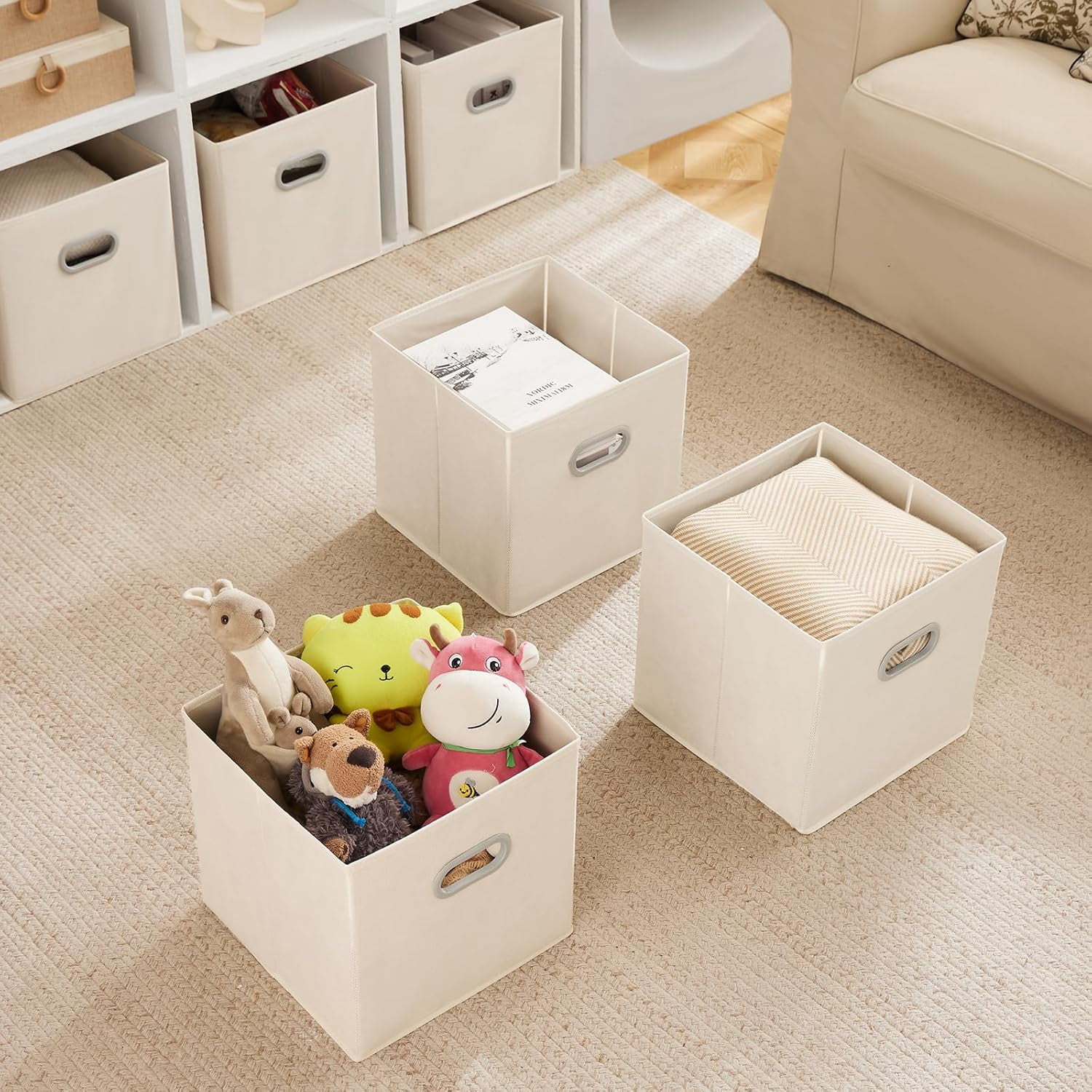 6 Pack Foldable Fabric Storage Bins with Handles - Ideal for Closet Organization, Bedroom and Nursery（ Beige, 12"x12"x12"）