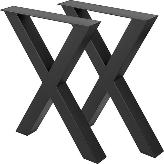 VEVOR set of 2 steel table legs in black, featuring a 28-inch height and 24-inch width with a heavy-duty 3.1-inch square box section X-frame design. These industrial-style metal dining table legs are made of durable steel with a powder-coated finish for corrosion resistance. Each leg supports up to 2204 lbs and includes pre-drilled holes for easy installation. Suitable for coffee tables, side tables, desks, and more.