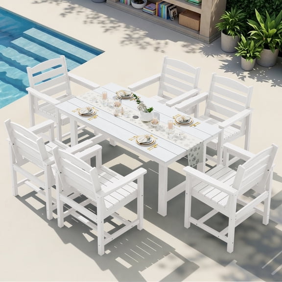 KINGYES 7-Piece Outdoor Dining Set, HDPE Patio Table and Chairs with Umbrella Hole, White