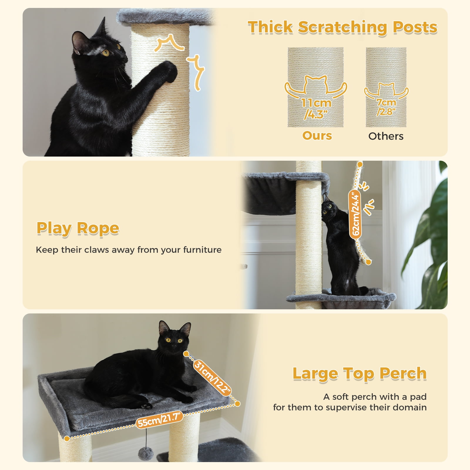 PEQULTI 67" Maine Coon Cat Tree Large Cat Tower for Indoor Cats with 8 Thick Scratching Post Gray