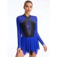 thumbnail image 3 of Sholeno Women Rhinestone Figure Ice Skating Dress Long Sleeve High Low Hem Roller Skating Gymnastic Blue M, 3 of 7