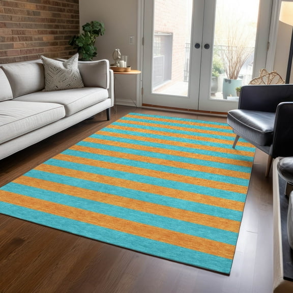 Addison Rugs Chantille Indoor/Outdoor Transitional Stripes Aqua Washable Rectangle Rug, 10' x 14'