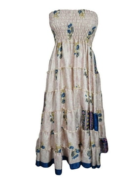 Mogul Women Maxi Skirt Dress Beige Floral Print 2 in 1 Recycled Sari Bohemian Beach Skirts S/M