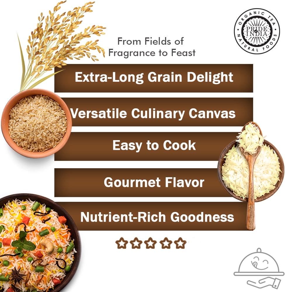 Pride of India Naturally Aged Brown Basmati Rice, Extra Long Grain, 10 Pound, Gluten-Free
