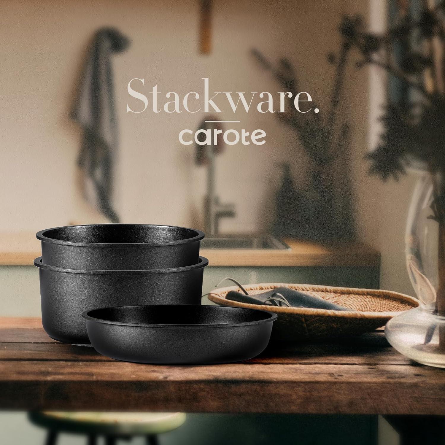 Carote Nonstick Detachable Pots and Pans Set, 6 Pieces Induction Cookware Set, Oven/Dishwasher Safe, Easy for Storage, Black