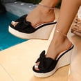thumbnail image 3 of Rokment Womens Bow Chunky Wedge High Heels Slides Dress Sandals Bridal Trendy Casual Suede Espadrilles Height Increasing Heeled Slip on Backless Slippers for Beach Summer Black Size 9.5, 3 of 6