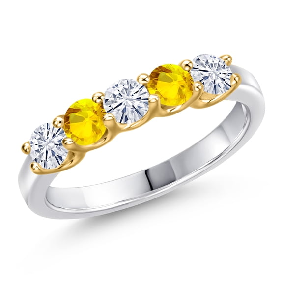 Gem Stone King 10K Two Tone Gold White Moissanite and Yellow Sapphire Wedding-Bands Ring for Women | 0.80 Cttw | Round 3.5MM | Gemstone Birthstone | Size 8