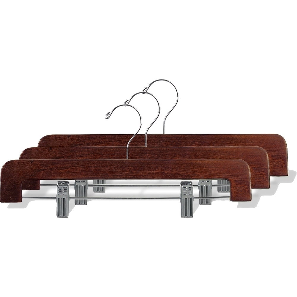 International Hanger Deluxe Wooden Bottom Hanger w/Clips, Walnut Finish with Chrome Hardware, Box of 100