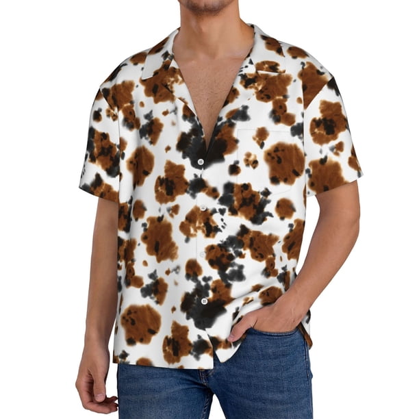 Fotbe Cow Tie Dye Camisa Estampada de Manga Corta para Hombre, Casual de Verano, Estilo Playero, Sin Arrugas-X-Large