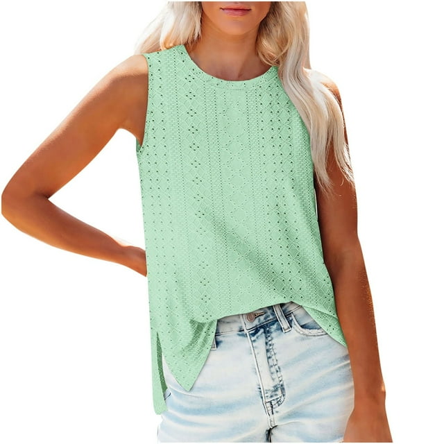 Chbgutlmr Womens Tank Tops Eyelet Crewneck Sleeveless Loose Comfy Side Split Summer Beach Tops Breathable