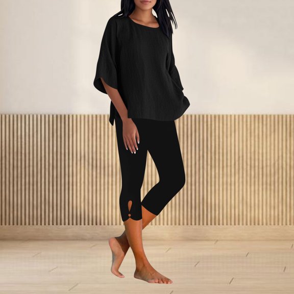 Karymi Shirts for Women 2-Piece Linen Blend Outfit, Crew Neck 3/4 Sleeve Loose Top Solid Cropped Capri Leggings with Cutout Detail, Casual Set Blouses for Women