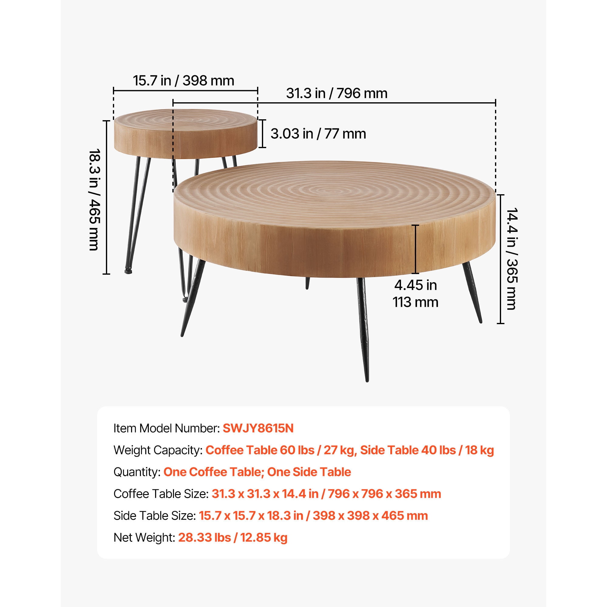 KFFKFF 2-Piece Round Coffee Table Set, 31.3-Inch Industrial Style with Side Table, Easy-to-Assemble Tables with Metal Legs for Living Room, Office, or Apartment