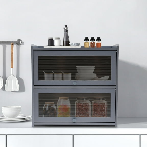 Modern Two-Tier Storage Cabinet, Countertop Storage Cabinet, Gray Cabinet 20.5*9.8*19.7in for Condiments, Plates, Bowls
