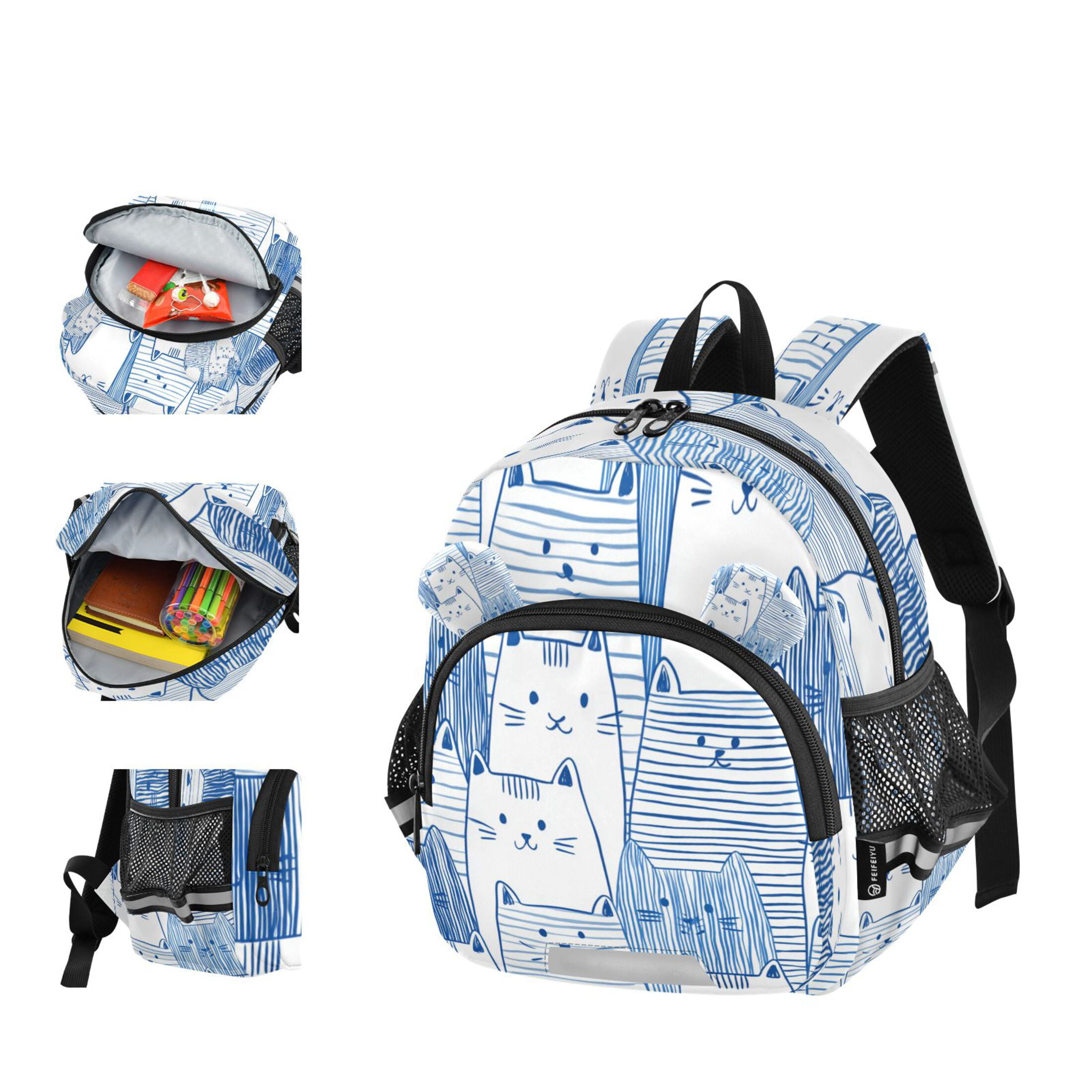 RMDQTR Adorable Ear-Print Backpack with Reflective Strip and Anti-Lost Leash Adjustable Shoulder Straps Mini Travel Backpack Cute Cat in Blue