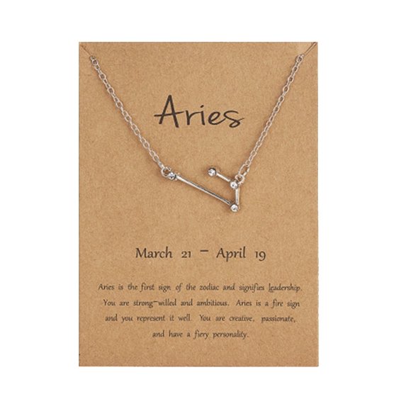 12 Constellation Pendant Rhinestone Necklace Horoscope Astrology Chain Jewelry with Paper Birthday Gift for Women (Silver, Aries